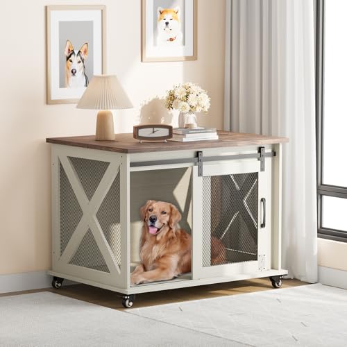 GarveeLife 37 in Dog Crate, Farmhouse Dog Crate Furniture with Sliding Barn Door, Flip Top Wooden Dog Kennel End Table with Wheels and Movable Divider, Indoor Dog Cage House for Medium Dogs by GarveeLife - Used condition - US$105.01