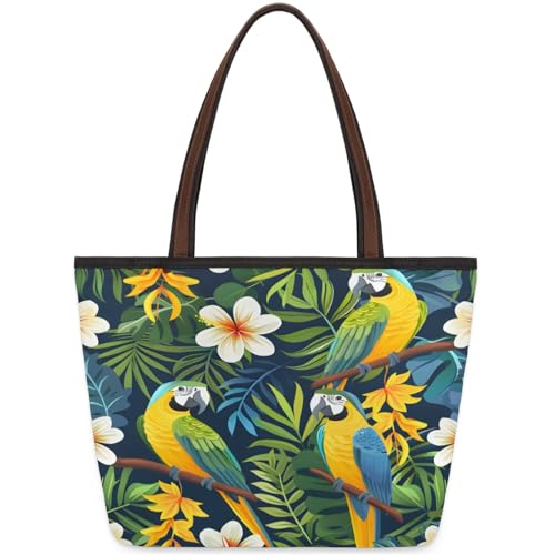 Parrots Tropical Flower Leaves Tote Bag Multi Pocket Zippered Beach Bag Lightweight Waterproof Handbag for Women Men Work Gym Travel Swimming Yoga Grocery Shopping M