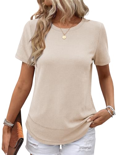 Image of ANRABESS Womens Waffle Knit Tops Short Sleeve Crewneck Shirts Curved Hem Summer Dressy Casual Blouses Spring Fashion Clothing