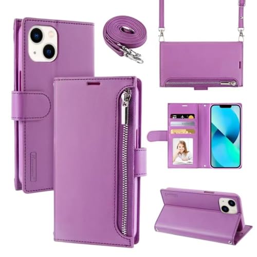 Étui portefeuille pour iPhone 14 Pro Max, design raffiné violet à bandoulière multi-cartes