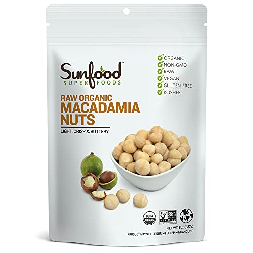 Sunfood Superfoods Organic Macadamia Nuts - Raw Macadamia Nuts Organic, Organic Macadamia Nuts Unsalted, for Macadamia Nut Milk, Baking, Trail Mix, Cheese, USDA Organic, Raw, Vegan, Non GMO - 8 oz Bag