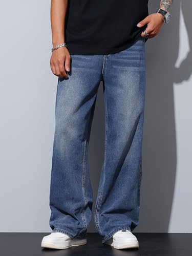 Image of AVANOVA Men's Baggy Fit Jeans- Solid Washed Denim Straight Wide-Leg | Streetwear Casual Dailywear Pants for Men | Trendy Loose-Fit Mid-Waist Denim Trousers (Jeans 247)