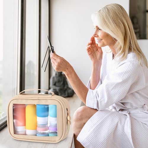 Kigeli 4 Pcs Clear Makeup Bags for Car Essential, Waterproof Clear Travel Toiletry Organizer Leather Makeup Bags with Handle Zipper, Small Cosmetic Pouch Set for Women Car Gift(Nude Color)4