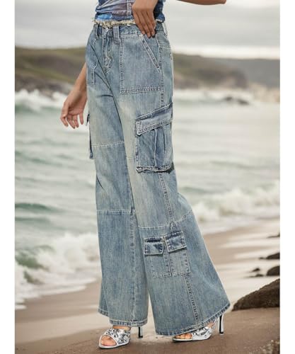 Women's High Waisted Vintage Stretchy Washed Bootcut Wide Leg Jeans Cargo Baggy Straight Denim Pants3