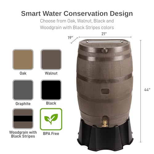 Image of RTS Home Accents 50-Gallon Rain Barrel, Flat Back Rain Water Collection Barrel, Stand and Link Kit Included, Walnut Color (2 Pack)