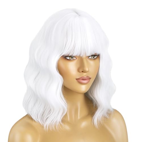 BERON 14 Inches White Wig with Bangs Short Curly White Wigs for Women Daily Party Hairnet Include