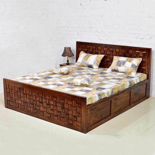 Image of CUSTOM DECOR Sheesham Wood King Size Bed with Box Storage Wooden Double Bed Cot Bed Furniture for Bedroom Living Room Home (Honey Finish)