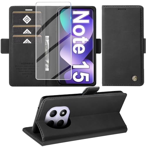 Giyer für Xiaomi Redmi Note 15 5G Hülle mit Schutzfolie Handyhülle PU Leder Wallet Flip Case Schutzhülle Redmi Note 15 Klapphülle mit Kartenfach Standfunktion (Schwarz)
