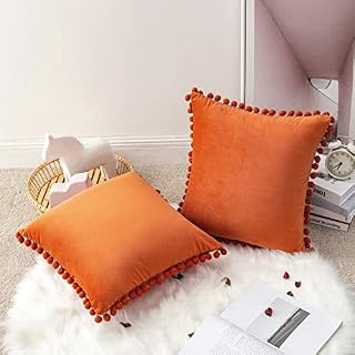 MIULEE Velvet Cushion Covers Soft Square with Pompoms Decorative Throw Pillowcases Cute and Lovely Home for Livingroom Sofa Bedroom 16 x 16 Inch 40x 40 cm Pack of 2 Orange