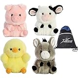 Aurora 5' Plush Rolly Pets Farmyard Plushie 4 Pack: Chickadee Chick, Prankster Pig, Daisy Cow, and Bray Donkey, with Drawstring Bag
