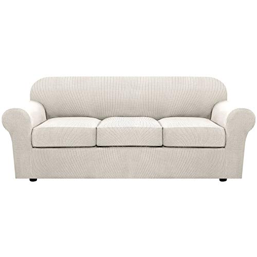H.VERSAILTEX 4 Piece Stretch Couch Covers for 3 Cushion Couch Sofa Furniture Slipcovers Feature Upgraded Thicker Jacquard Fabric (Sofa, Ivory)