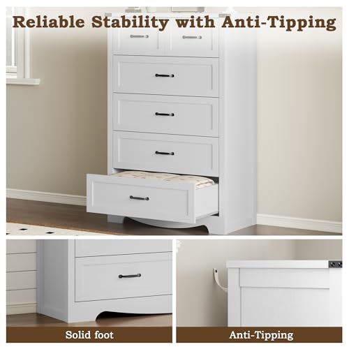 Image of BORNOON Tall 6-Drawer Dresser for Bedroom, Modern Wooden Chest of Drawers with Metal Handles, Anti-Tipping Design, Sturdy and Stable Storage Organizer for Living Room, Entryway, Home Office