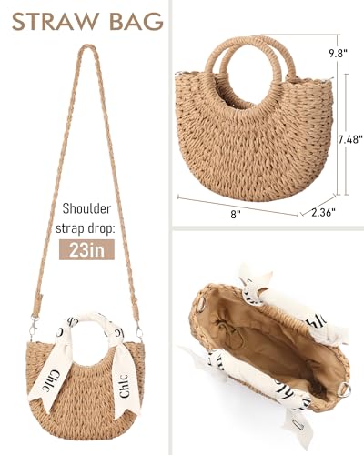 Straw Bag - Cute Straw Purse, Woven Bags for Women Vacation, Handbag or Crossbody Portable Straps Purse with Ribbon4