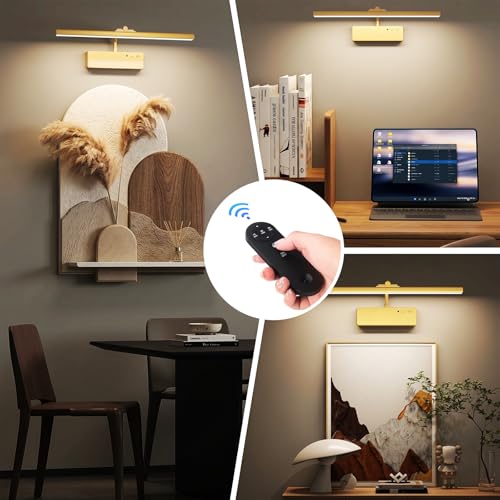 Picture Light, 15.35inch Wireless Picture Lights for Wall Rechargeable, 5400mAh Battery Wall Light with Remote, 3 Color Art Lighting for Paintings with Timer and Dimmable for Display, Gallery (Gold)
