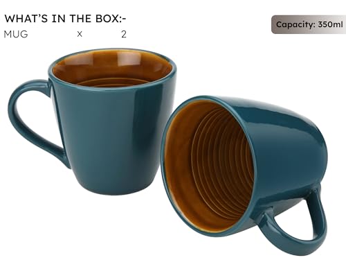 Image of Bodhi House Handcrafted Ceramic Coffee Mug Set of 2 Pieces (350 Ml), Stoneware Tea Cup, Microwave Safe Large Milk Mug, Glossy Finish, Ideal for Daily use, Casual Gatherings and Gifting, Cyan