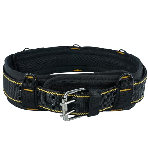 Image of MELOTOUGH 2-Inch Padded Tool Belt with 4 D-Rings Heavy Duty Double Metal Roller Buckle, Adjustable 29 inch-46 inch Waist, Comfort Foam Padding for Construction, Electrician, Carpenter (Black & Yellow, S /M)