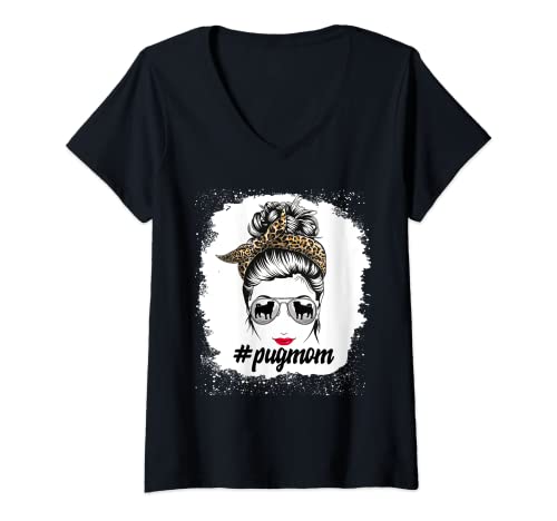 Womens Pug Dog Mom Bleached Messy Bun Leopard Women Pet Lover V-Neck T-Shirt