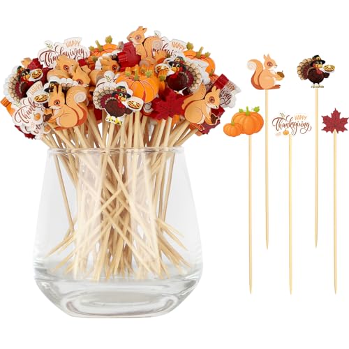 100 Fall Cocktail Picks, Thanksgiving Fancy Toothpicks for Appetizers Charcuterie Food Drinks Fruit, Autumn Theme Turkey Pumpkin Maple Leaf Squirrel Bamboo Skewers Sticks, Party Decorations Supplies
