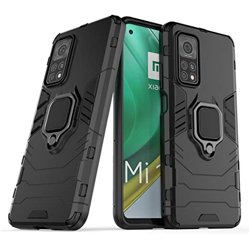 Compatibile con Xiaomi Mi 10T, Xiaomi Mi 10 T Pro Cover, Custodia Armor Anello Cavalletto (Funziona con il Supporto Magnetico per Auto) Case Paraurti (Nero)