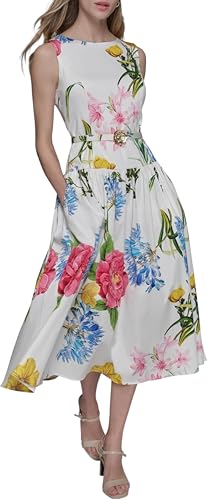 Image of Karl Lagerfeld Women's Sleeveless Boat Neck Drop Waist Belted Midi Dress