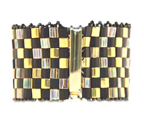 Black and Gold Cuff Beaded Bracelet 6.5 inches for Women LLD Jewelry