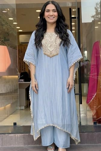 Image of GoSriKi Fendy Glass Embroidered A-Line Kurta with Palazzo for Women | Fendy Glass Grey | Kaftan Sleeve | Round Neck | Ethnic Wear Casual Wear