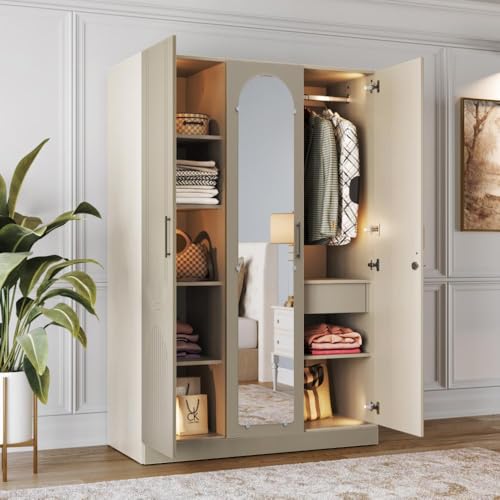 Image of Wakefit Wardrobe for Bedroom | 3 Yr Warranty | Cupboard for Bedroom, Almirah, Wooden Wardrobe, Comes with LED light, Storage Drawer, Mirror & Hanger, Density:680-750kg /m, Free Installation(Tyrian-CB)