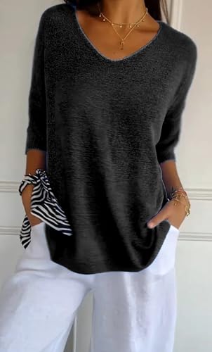 Knit Sweater for Women Dressy Casual V Neck Sweaters 3/4 Sleeve Soft Lightweight Sweaters Fall Sweater Pullover4