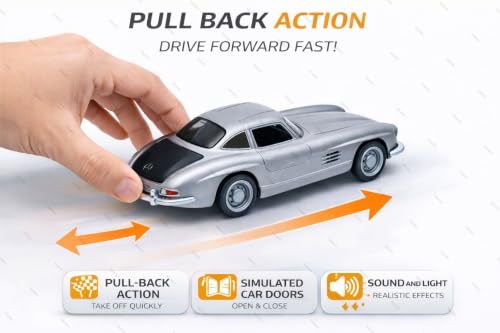 Image of 1:36 Scale Mercedes Vintage Die-Cast Toy Car - Pull Back Metal Model with Openable Doors, LED Lights & Music - Alloy Mini Car Gift for Kids, Boys & Collectors (Color AS PER Stock)