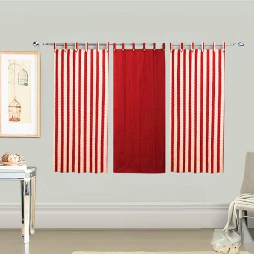 Image of Cotton Stripe and Solid Tab Top Loop Curtains Button Type Combo of 3 Pieces. (Maroon Multi, 4 x 5 ft - Window Curtain)