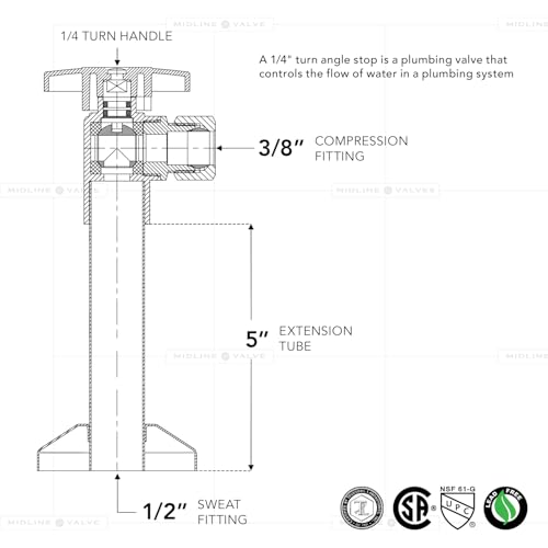 Image of Midline Valve 83212QS-OM-5 Water Supply Angle Stop Valve with 5'' Extension Tube; 1 /4 Turn Handle; 1 /2 in. SWT x 3 /8'' COMP; Chrome Plated Brass (5 Pack)