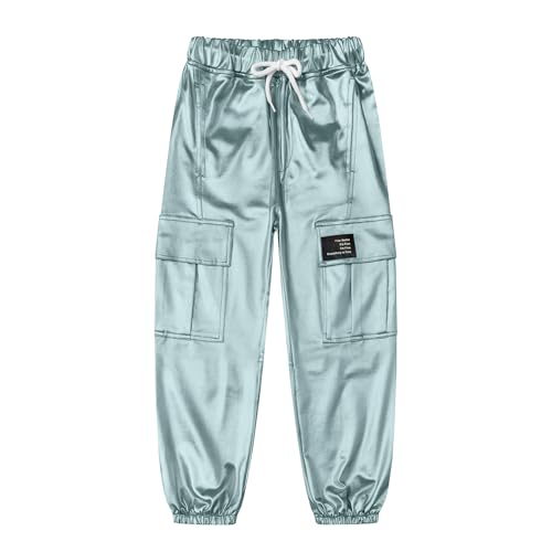 Image of Betusline Girls Clothes 2 Piece Set, White Cute Short Sleeve Crop Tops + Blue Gray Metal Cargo Jogger Pants Clothes,7-8 Years = Tag 140