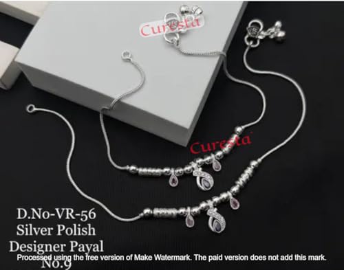 Image of Silver Polish Designer Payal for Women & Girls | Stylish Anklet with Beads & Stone Charms | Lightweight Daily Wear Anklet | Traditional & Modern Jewelry Gift
