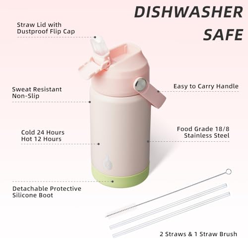Image of BJPKPK Insulated Water Bottle with Straw Lid, 12oz Thermo Water Bottles, Flex Handle & Non-slip Boot, BPA Free Leak Proof Stainless Steel Metal Thermo, Tumblers, Cups,Pearl Pink