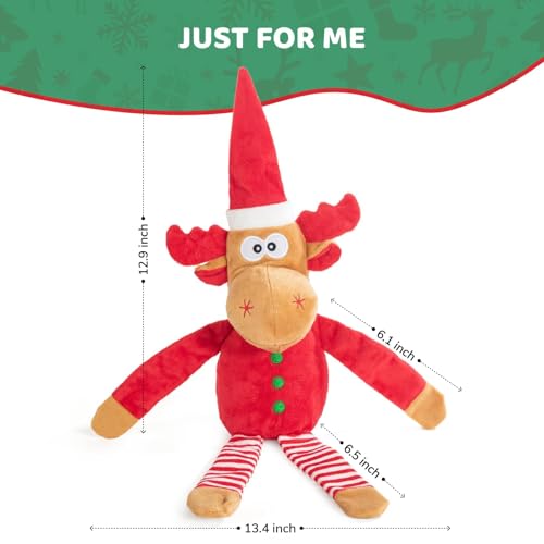 Image of Christmas Dog Toy Reindeer Plush with Squeaker & Crinkle Paper - Holiday Squeaky Chew Toy for Small and Medium Dogs - Interactive Santa Elf Pooch on a Perch Dog Gift
