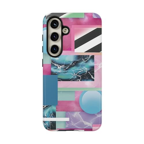 Coque Samsung S24 motif géométrique abstrait rose et bleu rigide brillante