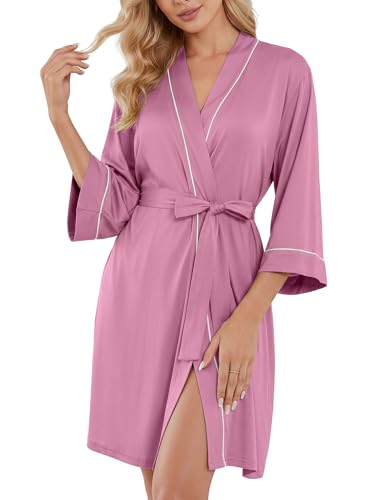 Image of PrinStory Womens Robe Knee Length Soft Knit Bathrobe S-2XL | V-Neck 3 /4 Sleeve Robes with Pockets, Lightweight, Breathable Bath Robe for Shower, Spa, Travel, Home, Party, Nursing