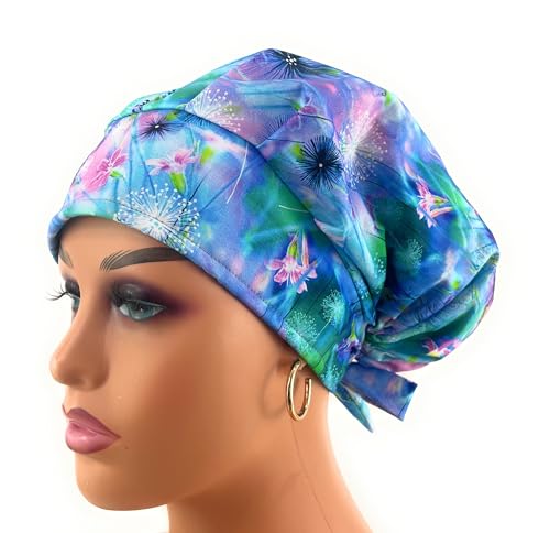 Bouffant Medical Scrub Cap - Blue Neon Floral - Scrub Hat for Women & Men tie Back | Scrub Hats for Women, Nurses Hats | Dr. Hats
