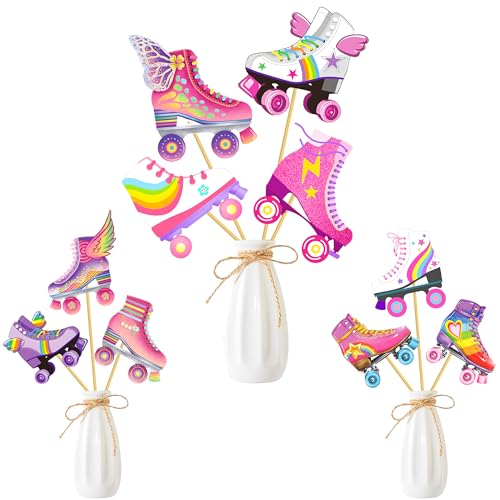 26pcs Roller Skating Centerpiece Sticks Roller Skate Birthday Party Decorations Roller Skates Table Toppers Decorations for Girls Neon Rainbow Party Roller Skating Party Baby Shower Supplies