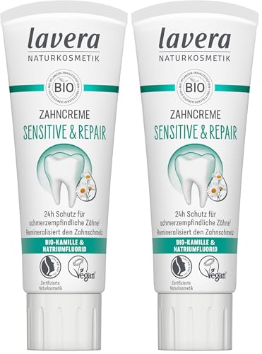 lavera Dentifricio Sensitive & Repair – per denti sensibili – Protezione 24 ore – Camomilla biologica & Floride di sodio – Vegano – Cosmetici naturali – 75 ml (Confezione da 2)