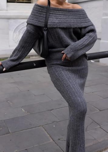 Image of Unybwonn Skirt Sets Women 2 Piece Outfits off the Shoulder Sweater and Knitted Skinny Maxi Skirts Fall Casual Outfits