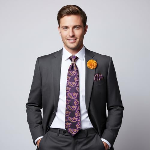 Image of 5PCS Mens Premium Silk Tie, Pocket Square, Cufflinks, Drilled Tie Ring and Lapel Pin Set for Wedding Groom Party