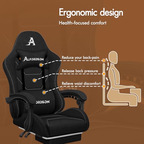 ALFORDSON Fotel gamingowy z poduszką lędźwiową do masażu, ergonomiczne krzesło dla graczy z regulowanym oparciem, krzesło obrotowe z podnóżkiem, regulacja wysokości, czarny