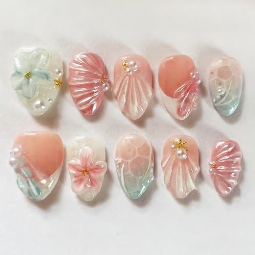 30pcs Cute Flower Press on Nails Short Almond Fake Nails French N...