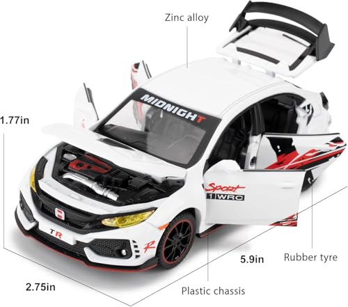 Image of 1:32 Civic Type R Toy Car Metal Diecast Pull Back with Sound Light & Openable Doors Kids Gifts Collectible Car Model Durable Toy for Boys & Girls (White)