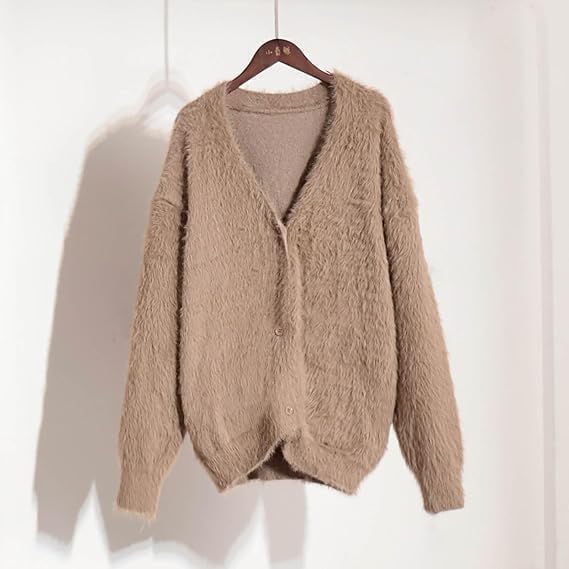 Damen Fuzzy Mohair Pullover Button Down V-Ausschnitt Langarm Strickoberteile Casual Leichte Strickjacke, 2, M