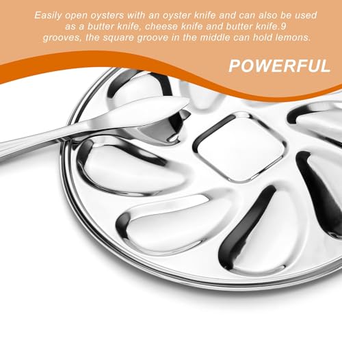 LERANXIN Austernteller mit Austernmesser, Austernplatte Edelstahl Meeresfrüchte Werkzeuge 9 Schlitzen, Austernbehälter zum Platzieren Schalentiergerichten in Restaurants Oder zu Hause