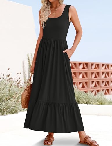 ZESICA Women's 2025 Summer Sleeveless Dress Square Neck Pleated Swing Casual Maxi Dresses with Pockets3