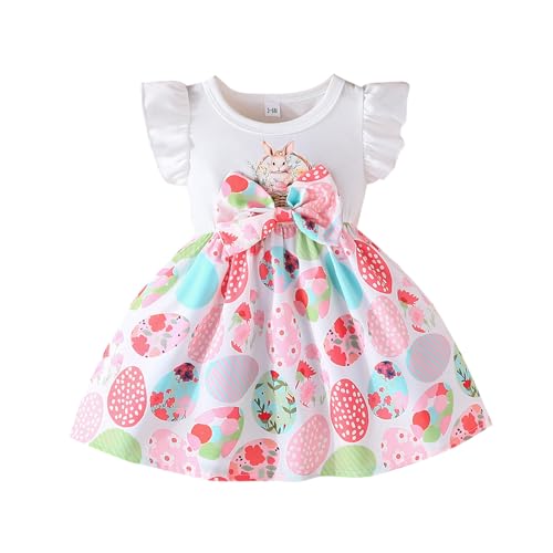 Bwaydeg Toddler Baby Girl Easter Summer Dress Ruffle Cap Sleeve Cute Bunny Print Bow Decor Dresses Party Fashion Casual Dress 9-12 Months Pink