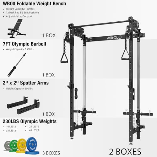 Image of Mikolo Folding Squat Rack, Wall Mounted Power Rack with Cable Crossover Machine & LAT Pull Down, Functional Trainer with 5 Adjustable Function Modes, Home Gym Package